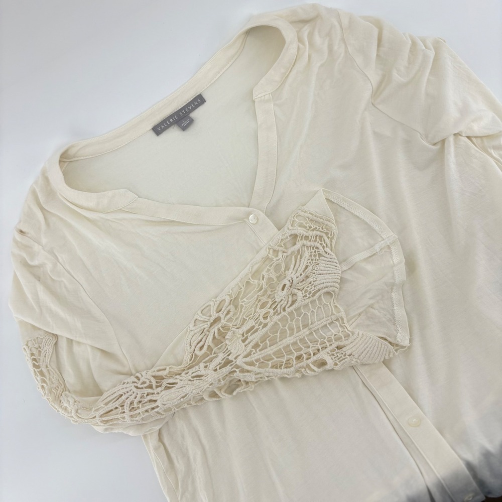 Valerie Stevens L Cream Ivory Crochet Sleeve Blouse Top‎ High Low Whimsical
